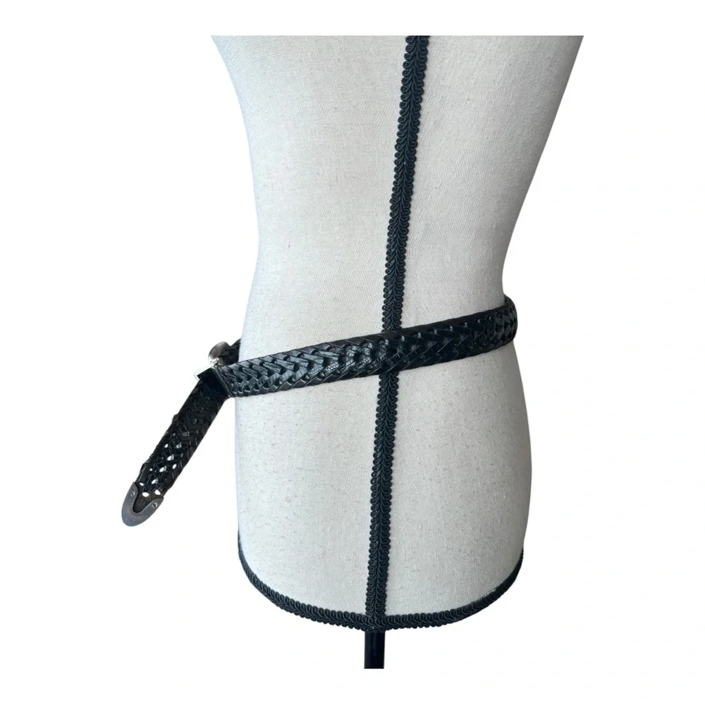 Vintage Braided Leather Black Silver Buckle Woven Western Boho Belt Size M